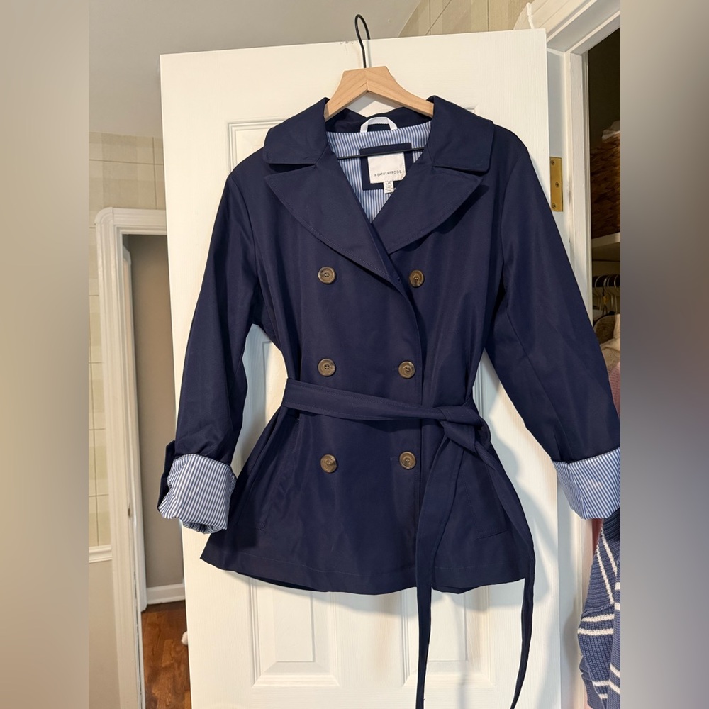 Weatherproof Blue Trench Coat with Belted Waist